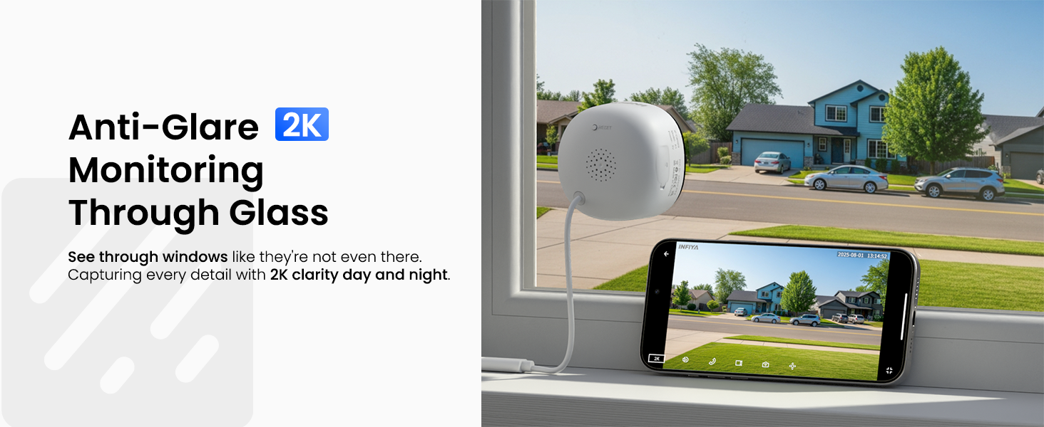 Text reads 'Anti-Glare Monitoring Through Glass'. Shows smartphone mounted on window with spherical white device, suburban view visible outside.