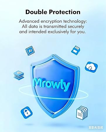 Text reads 'Mrowly provides 24/7 round-the-clock service, and we are always ready to support you with our high-quality products and services.' Woman wearing white shirt with headset and microphone, smiling in office setting with plant background.