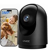 Text reads '3MP'. White dome-style security camera with black lens shown from multiple angles, featuring pet/baby monitoring functionality with sample view screens.