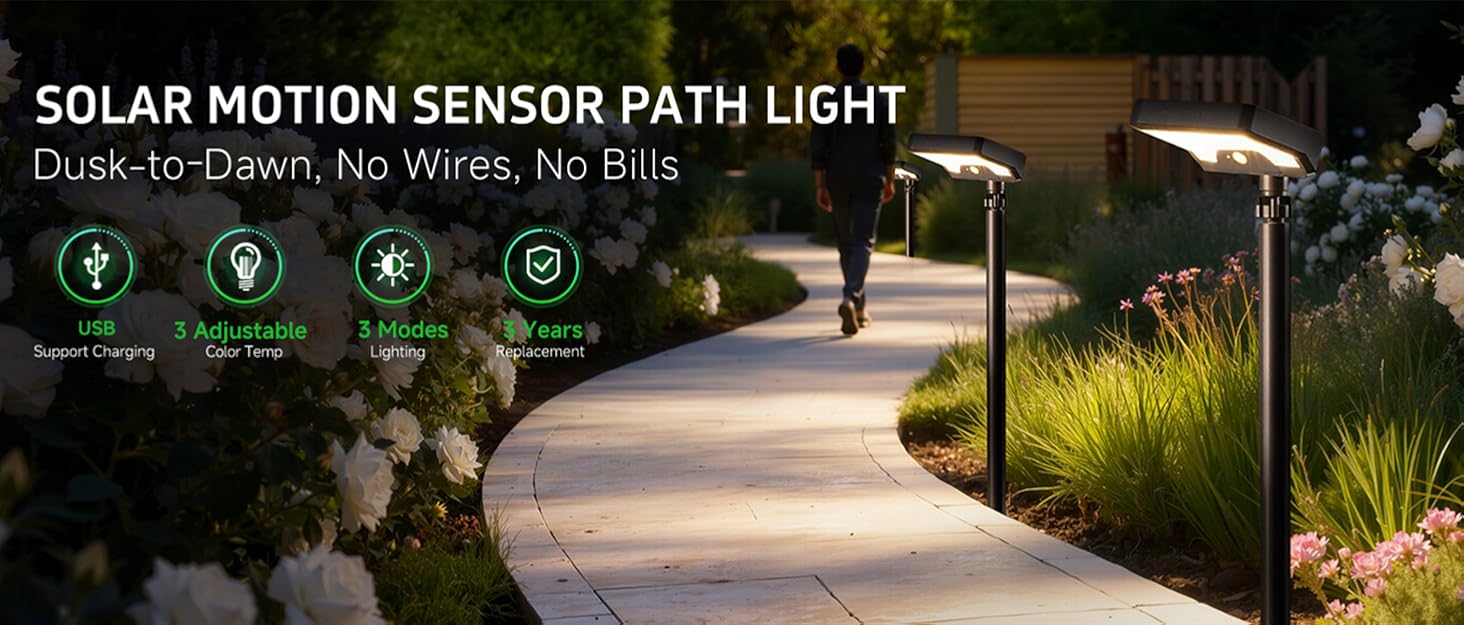 Text reads 'SOLAR MOTION SENSOR PATH LIGHT' with subtitle 'Dusk to dawn. No Wires. No Fuss'. Solar-powered LED pathway light with motion sensor capability, shown illuminated in outdoor garden setting at dusk.