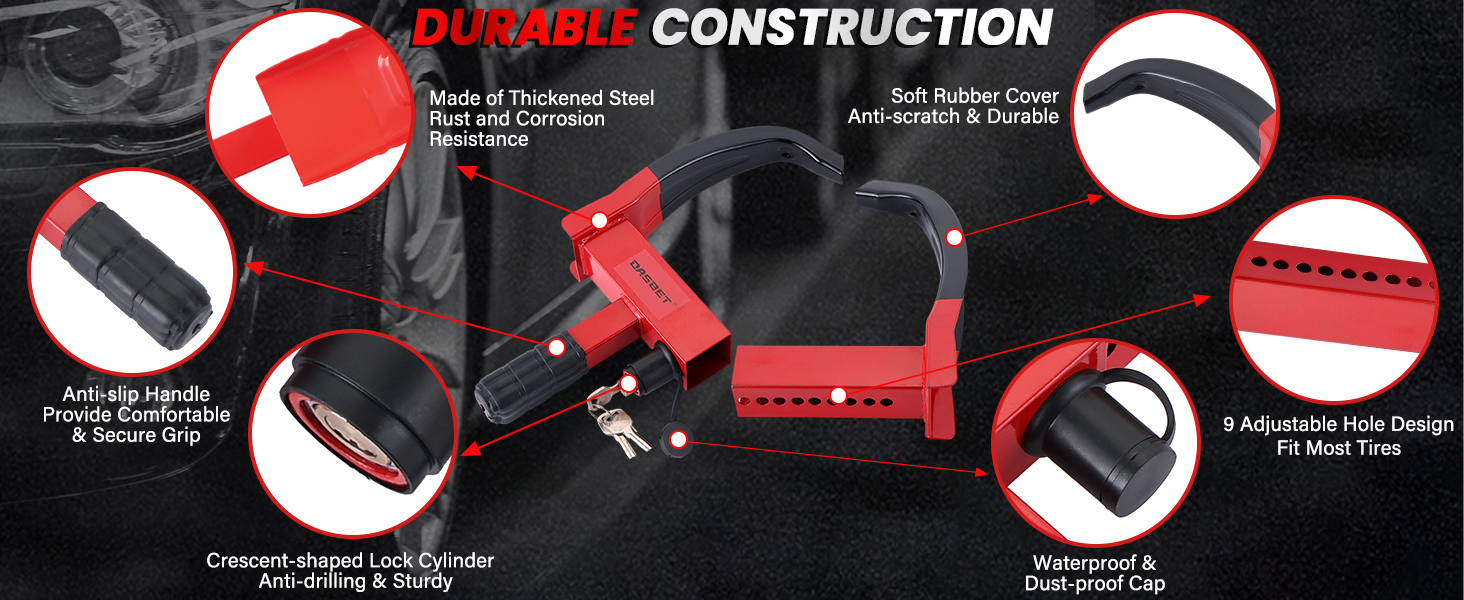 Text reads 'CONSTRUCTION'. Product diagram showing multiple angles and features of a red and black device, with circular callouts highlighting specific construction details and components.