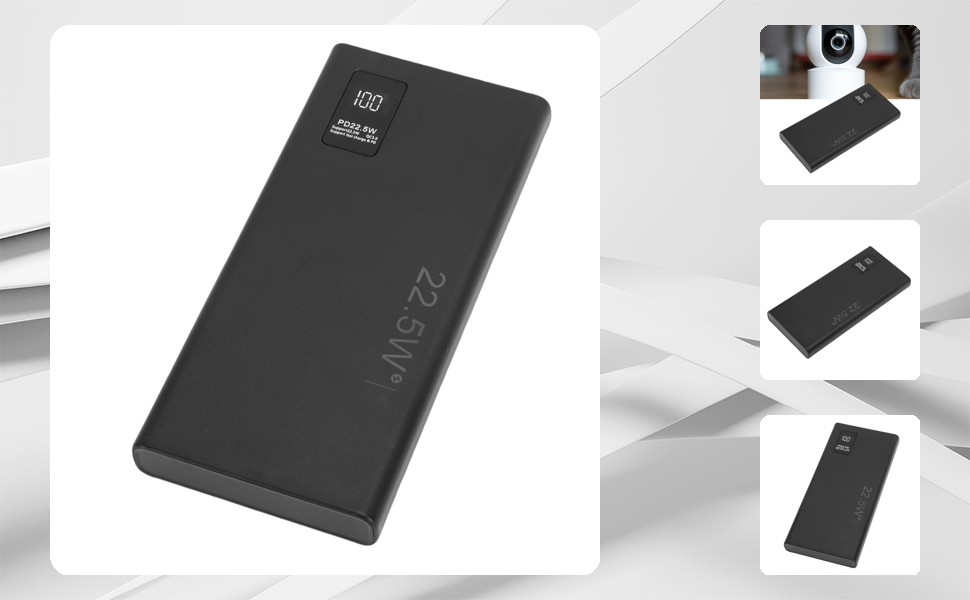 Collection of product photos showing a black electronic device from multiple angles, appearing to be a portable gaming controller or battery pack.