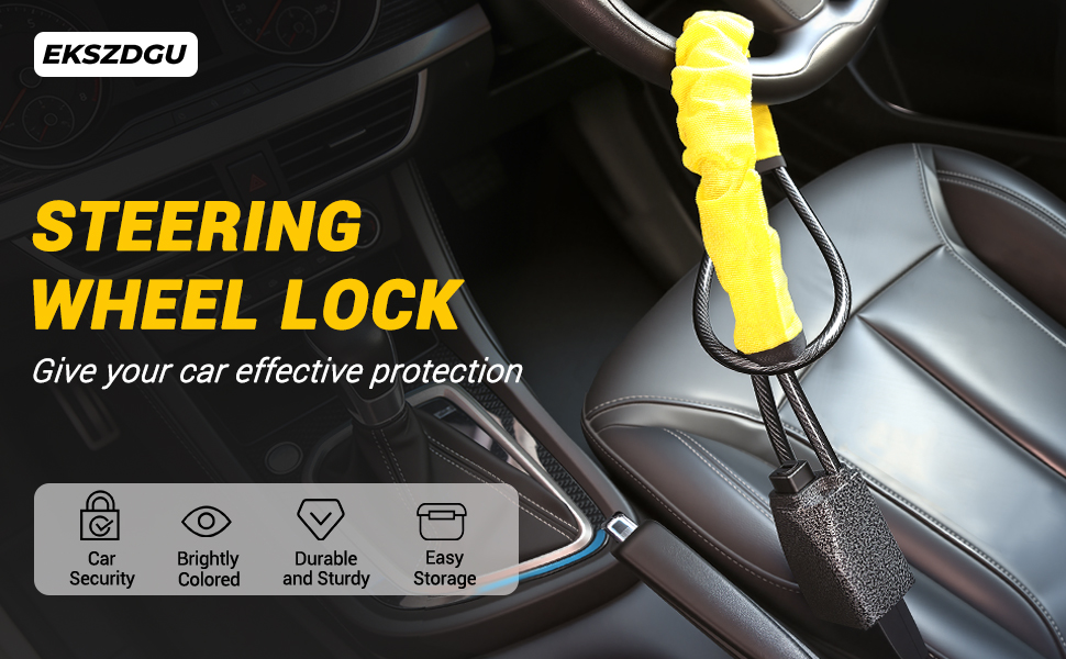 Text reads 'STEERING WHEEL LOCK'. Vehicle security product demonstration with yellow highlight elements. Icons shown for Security, Comfort, Self Study, and Storage features.