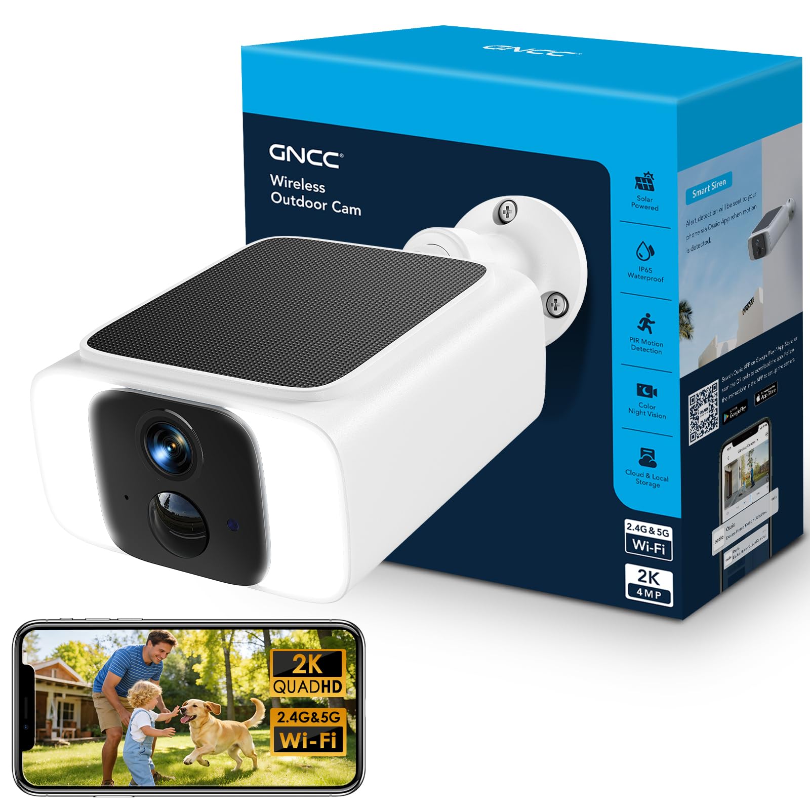 GNCC GW20 Solar Security Camera Outdoor Wireless 2K