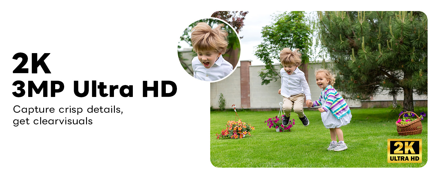 Text reads '2K 3MP Ultra HD'. Outdoor scene showing people on grass with small thumbnail image in corner demonstrating camera quality.
