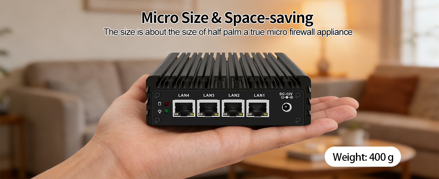 Text reads 'Micro Size & Space-saving'. Compact black network device with 4 ethernet ports shown in hand against blurred background.