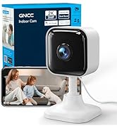 Text reads 'Indoor Cam' on product packaging. White security camera with black lens shown from multiple angles alongside retail box with GNCC branding and 4K specifications.