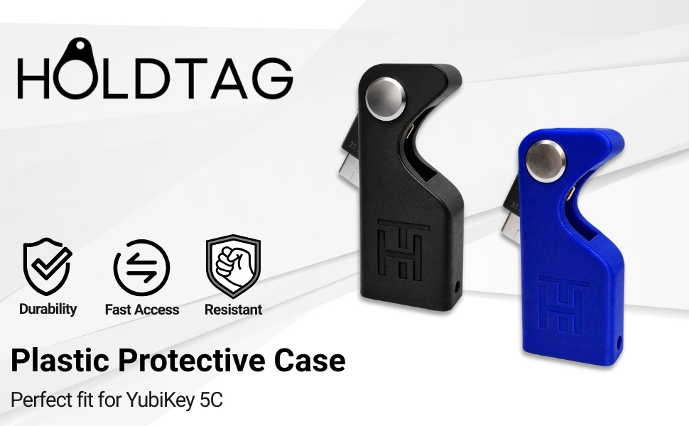 El texto dice «Funda protectora de plástico HOLDTAG, perfecta para Vulklay 5c». Las imágenes del producto muestran fundas protectoras negras y azules con iconos de durabilidad y seguridad.