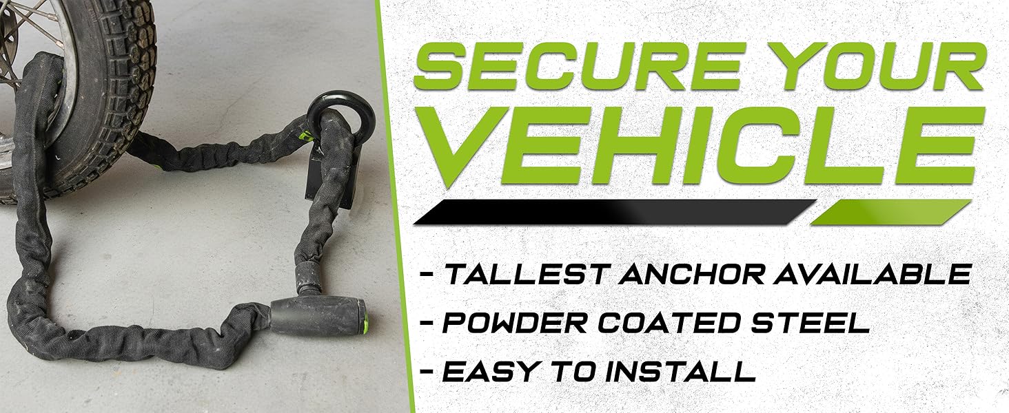 Text reads 'SECURE YOUR VEHICLE', 'TALLEST ANCHOR AVAILABLE', 'POWDERCOATED STEEL', 'EASY TO INSTALL'. Heavy-duty black security chain attached to vehicle tire.