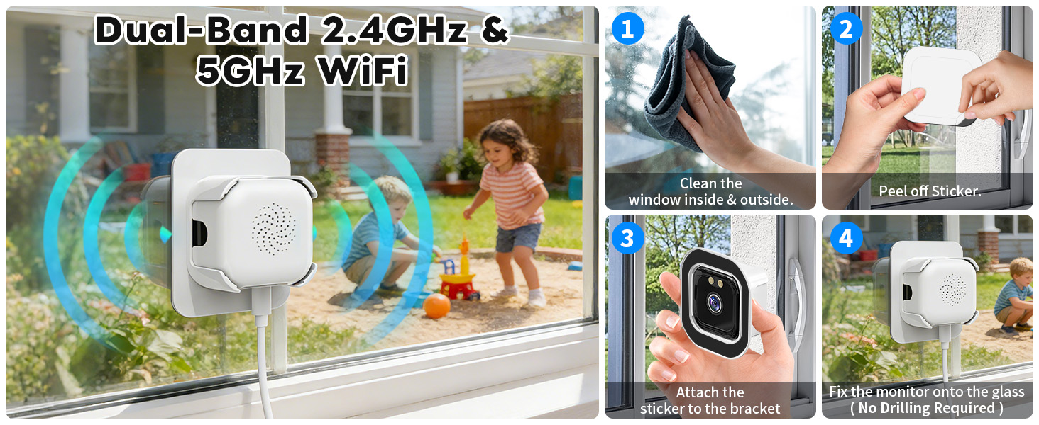 Text reads 'Dual-Band 2.4GHz & 5GHz WiFi'. Sequence of product usage images showing wireless security camera installation and setup process, featuring outdoor mounting and smartphone connectivity.