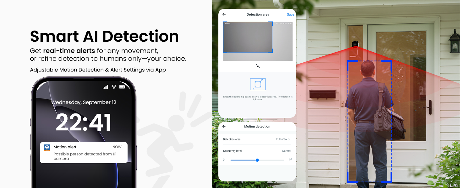 Text reads 'Smart AI Detection' showing multiple smartphone interface screenshots and security camera views with timestamp '22:41' visible.