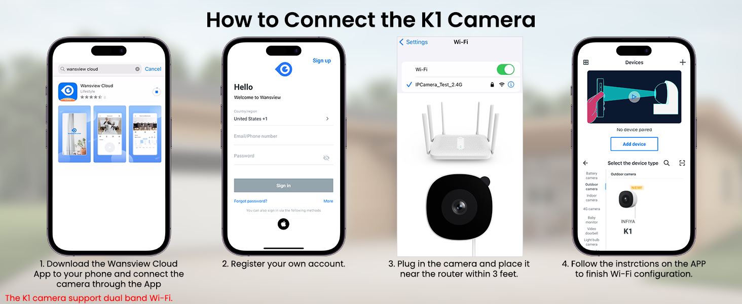 Text reads 'How to Connect the AI Camera'. Series of smartphone interface screenshots showing setup steps for connecting an AI camera device.
