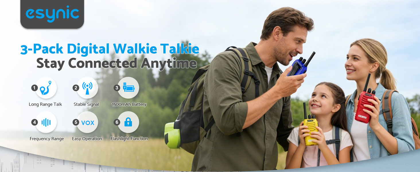Text reads 'EKUPUZ 2-Pack Digital Walkie Talkie'. Product marketing image showing people using walkie-talkies outdoors in family setting.