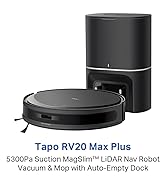 Text reads: 'Tapo RV20 Max Plus' and 'S300PA Suction SmartGlide™ LiDAR Nav Robot Vacuum & Mop with Auto-Empty Dock'. Multiple views of a black cylindrical robot vacuum with charging dock.
