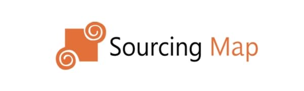 Orange and white logo design featuring a square shape with curved spiral elements and text reading 'Sourcing Map'