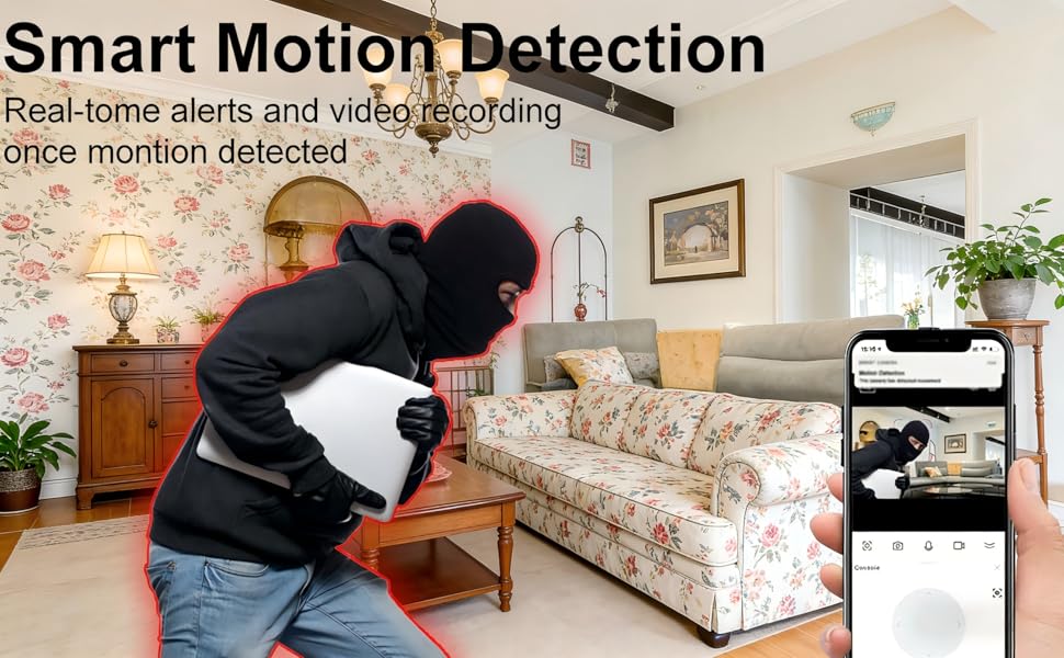 Text reads 'Home Wireless Camera'. Series of lifestyle images showing indoor home security camera usage, with icons indicating features like HD, night vision, and wireless connectivity.