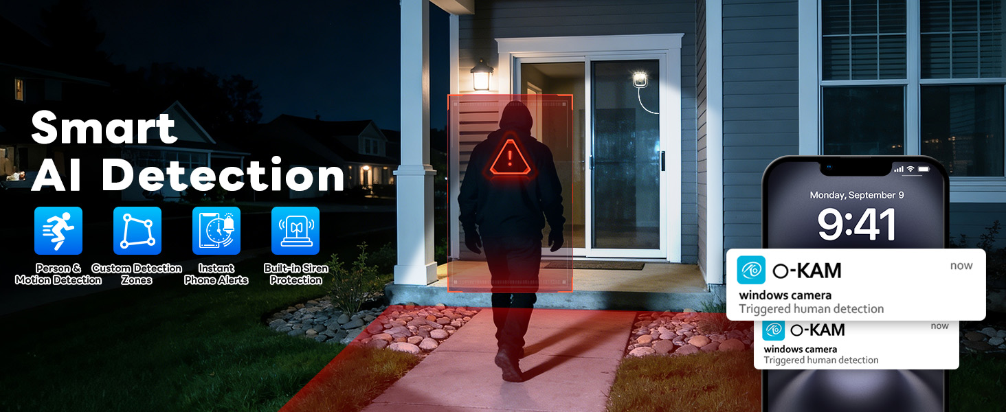 Text reads 'Smart AI Detection' with app icons. Screenshot showing mobile notifications '9:41' and 'G-KAM' overlaid on nighttime exterior scene.