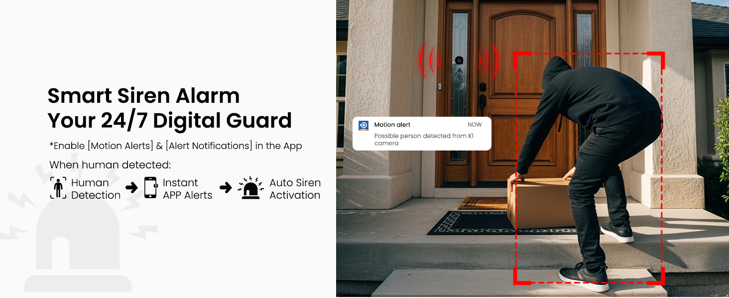 Text reads 'Smart Siren Alarm' and 'Your 24/7 Digital Guard.' Security system demonstration showing motion detection and alert features.