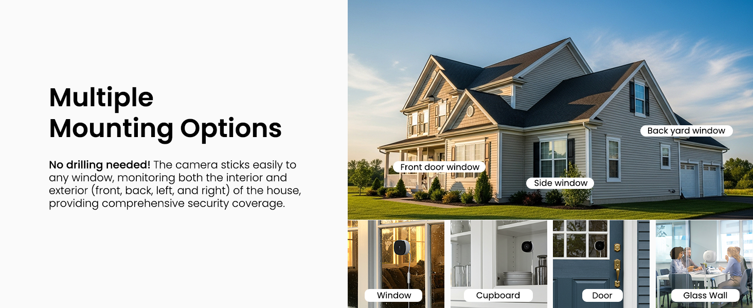 Text reads 'Multiple Mounting Options' showing three residential houses with mounting placement indicators on different exterior locations.