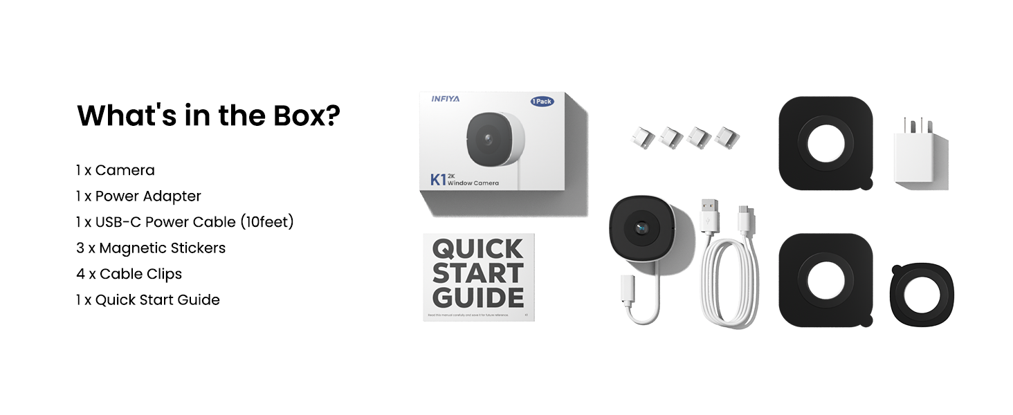 Text reads 'What's in the Box?' followed by product components layout including a Quick Start Guide and various electronic accessories shown in gray scale.