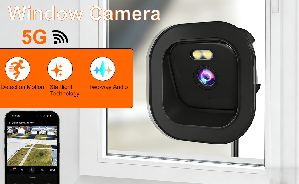 Text reads 'Window Camera 5G'. Black square security camera with orange icons showing Speaker Monitor, Smart Technology, and Panoramic Audio features.