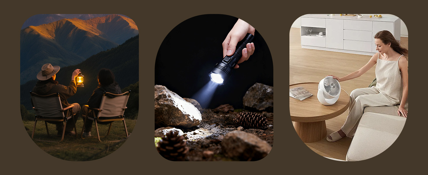 Sequential nighttime product demonstration images showing illuminated portable light source in various outdoor camping and reading scenarios.