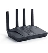 Black WiFi router with four external antennas protruding upward from rectangular base with vented top surface.