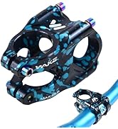 Black bicycle stem with teal speckled pattern and rainbow anodized bolts. Features 'WAKE' branding and appears to be a 'MAX-en' model with hollow construction design.