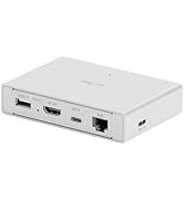 Gray compact device with HDMI, USB, and Ethernet ports visible on multiple sides, small form factor multi-port connectivity hub.