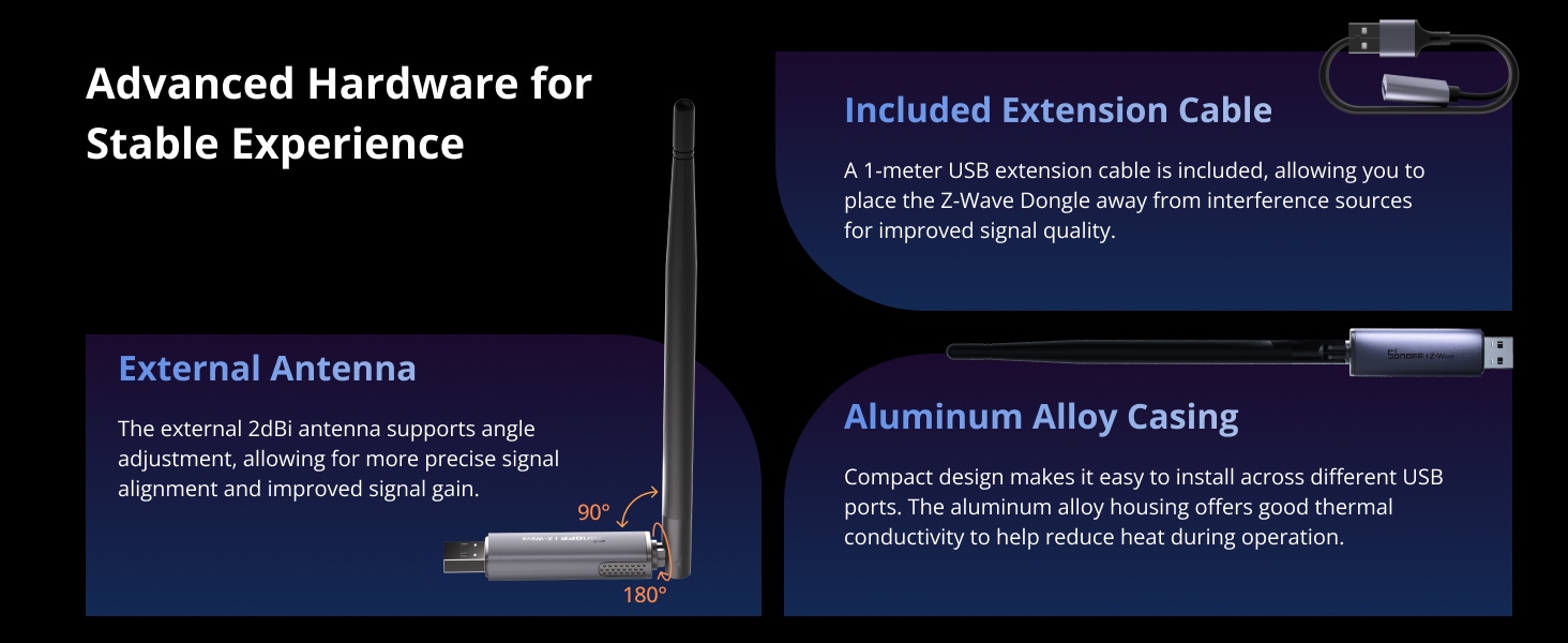 Text reads 'Stable & Secure Z-Wave Protocol', 'High-Performance Chip', 'S2 Security Protection Standard', 'Interference-Resistant Local Control'. Infographic showing technical features with blue icons and white text.