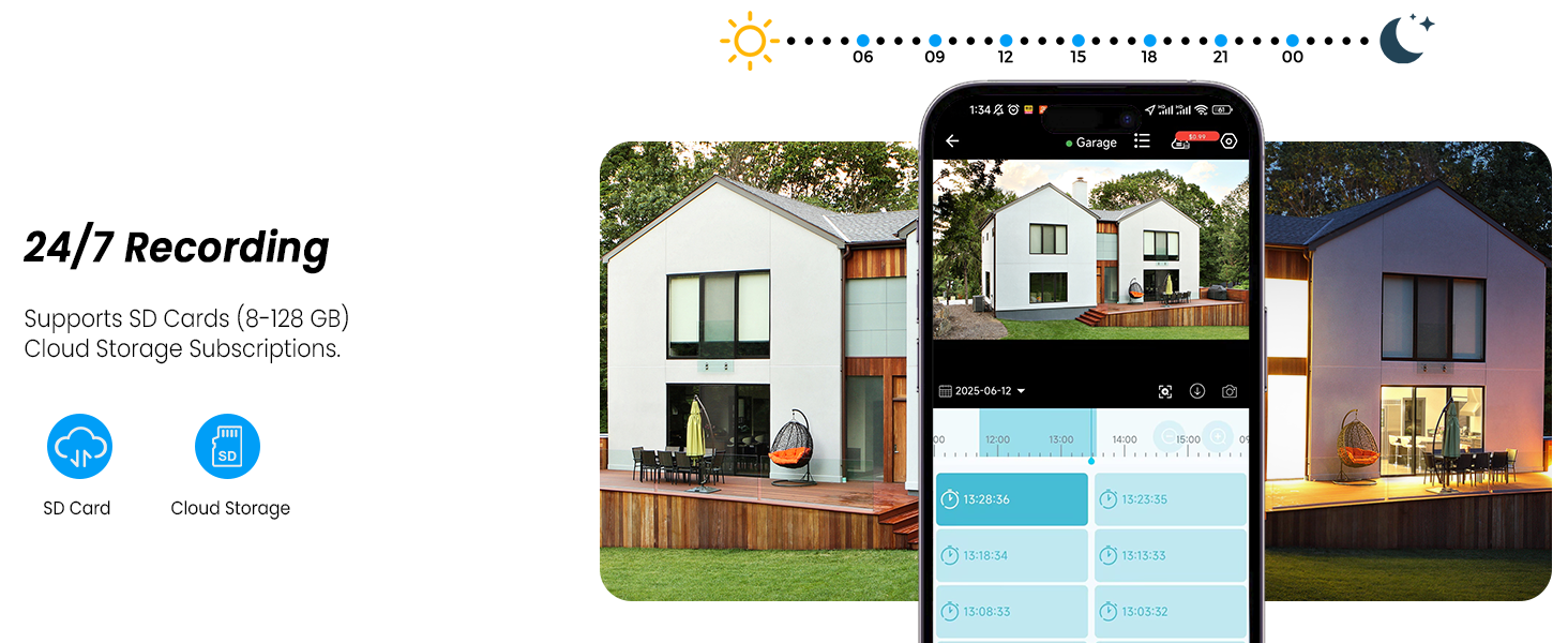 Text reads '24/7 Recording'. Series of mobile app interface screenshots showing home security camera views and a residential exterior monitoring setup.