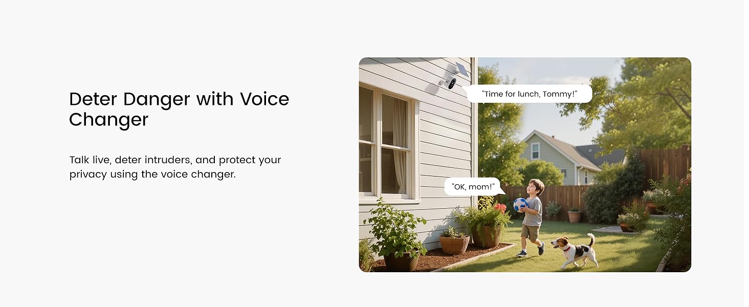 Text reads: 'Odor Dinger with Voice Changer' and 'Eliminate odors using the voice changer.' Product image shows white device mounted on house exterior near garden plants and seating area.
