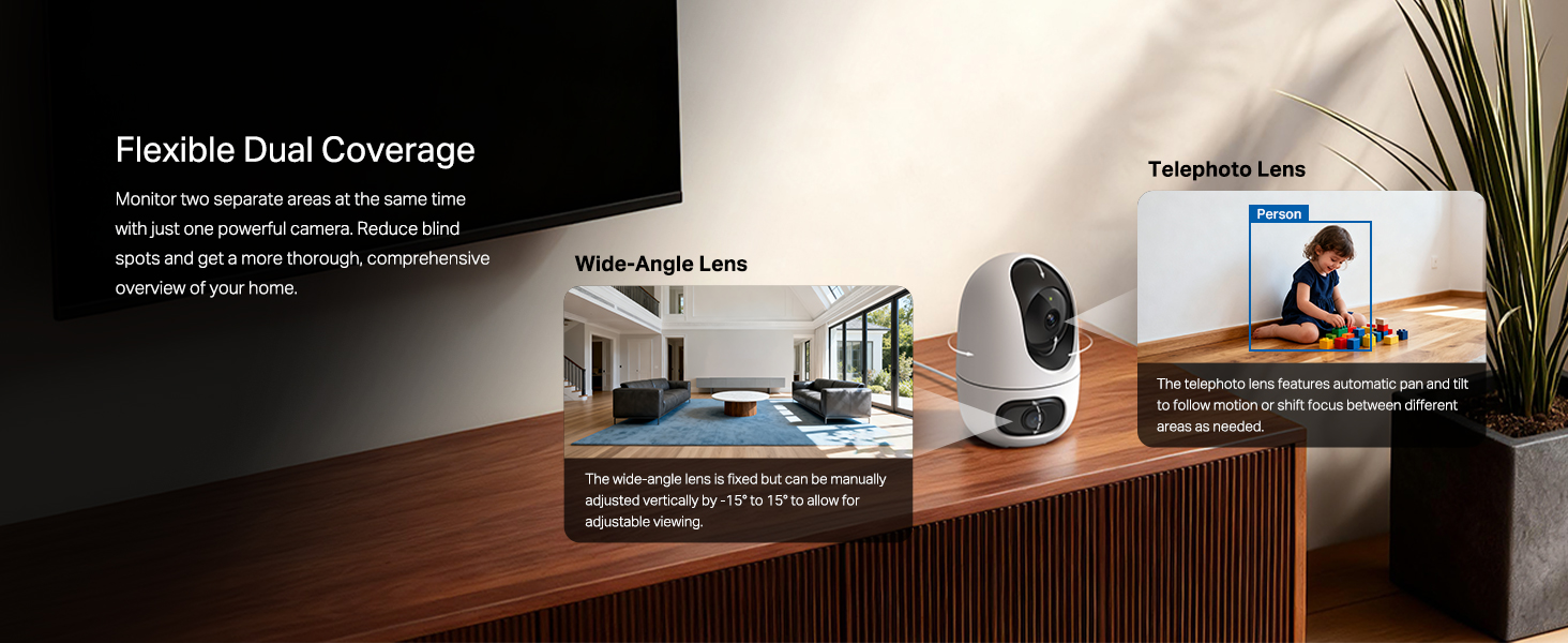 Text reads 'Flexible Dual Coverage'. Series of interior shots showing home security camera coverage and monitoring in different rooms and angles.
