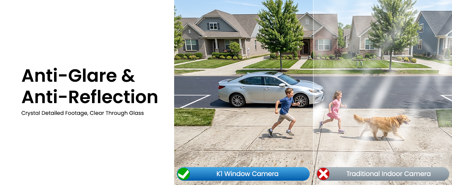 Text reads 'Anti-Glare & Anti-Reflection'. Split image showing driveway viewed without glare reduction and with glare reduction applied, demonstrating improved visibility.