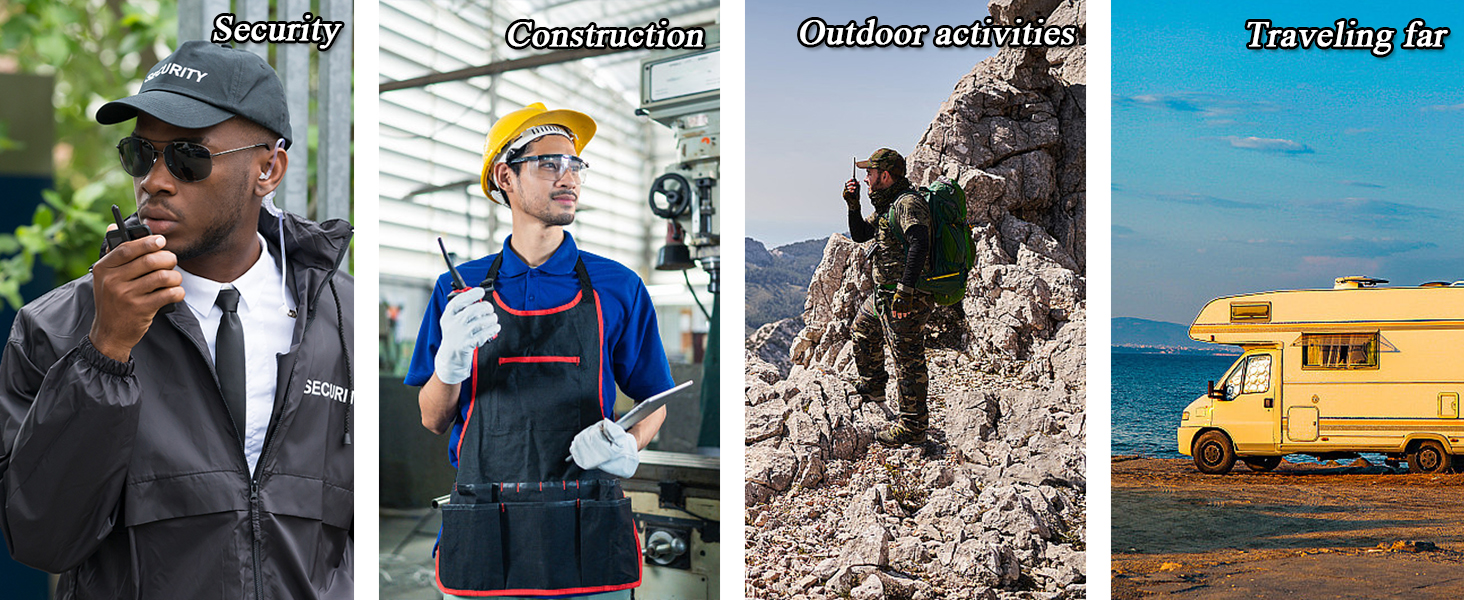 Collage of outdoor adventure and travel images showing camping scenes, yellow RV/camper van, and various outdoor activities in nature settings.