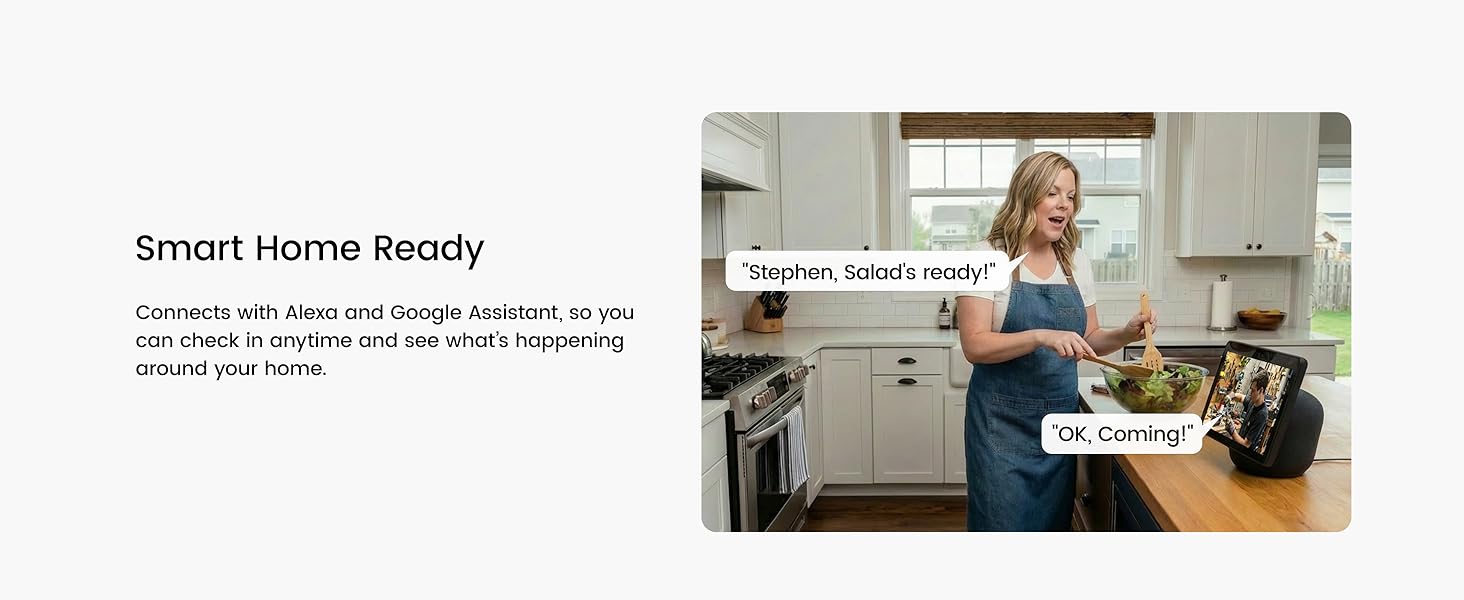 Text reads 'Smart Home Beauty'. Woman in kitchen workspace with text mentioning skincare tech and beauty devices integrated into home environment setup.