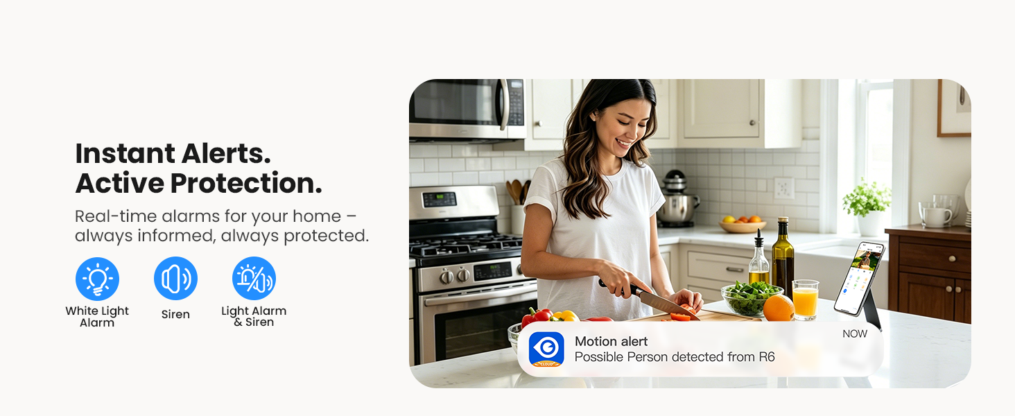 Text reads 'Instant Alerts. Active Protection.' with three circular icons and 'Smart Home' branding. Woman in kitchen with smart home security system interface displayed on screen showing monitoring capabilities.