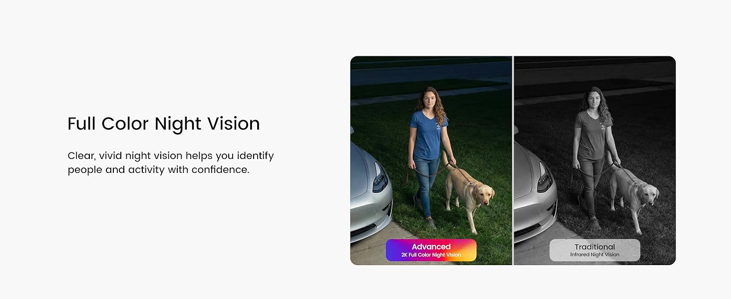 Text reads 'Full Color Night Vision' 'Clear night-vision video recording provides sharp and colorful video.' Split-screen comparison showing person in color and thermal night vision modes.