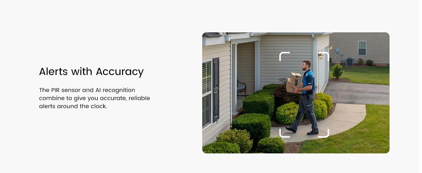 Text reads 'Alerts with Accuracy' with subtitle text below. Image shows a residential house exterior with landscaping and green bushes near the entrance.