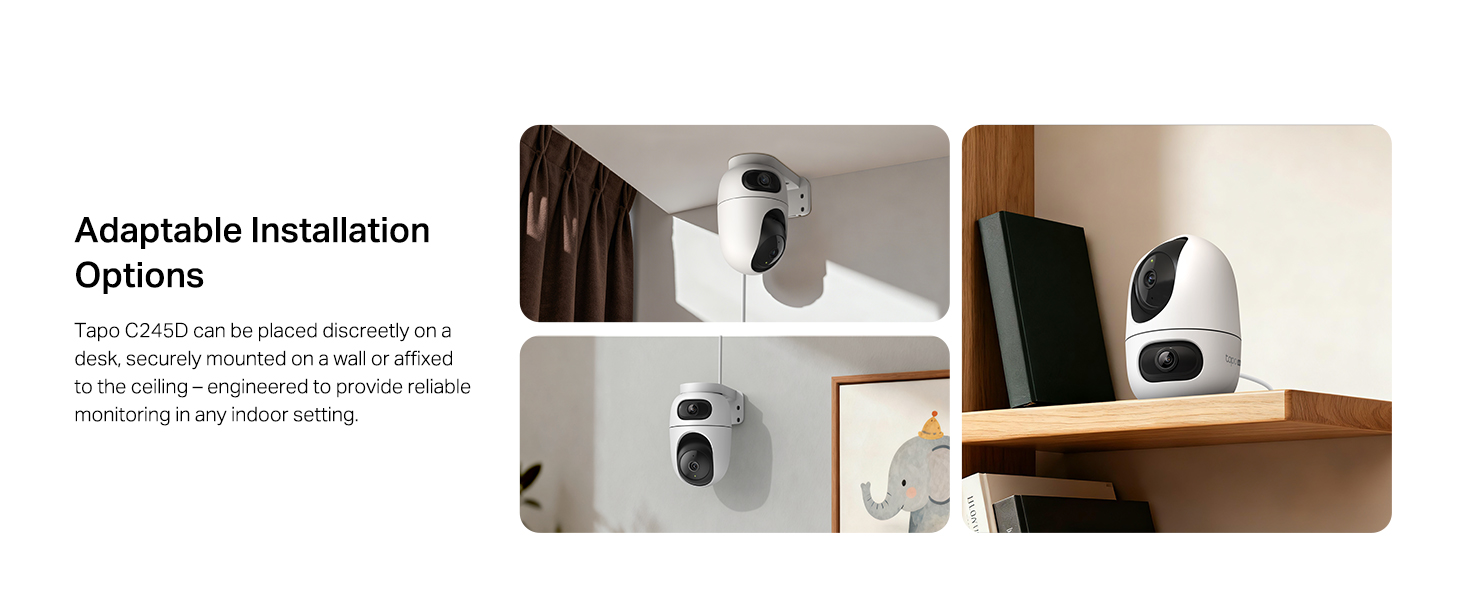 Text reads 'Adaptable Installation Options'. Series of installation photos showing security camera mounting procedures in different positions.