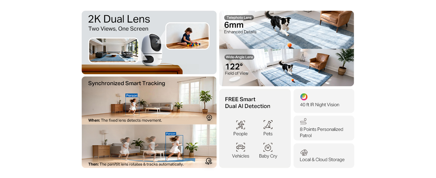 Text reads '2K Dual Lens'. Product interface screenshots showing multiple camera views and settings panels with timestamp displays.