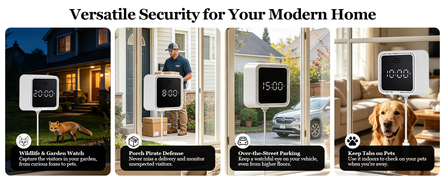 Text reads 'Versatile Security for Your Modern Home'. Four product showcase panels displaying smart home security devices including doorbell camera, motion sensor, and smart lock in contemporary home settings.