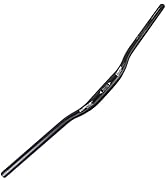 Red aluminum bicycle handlebar with slight rise and sweep. Features white text markings indicating measurements and specifications along its length.
