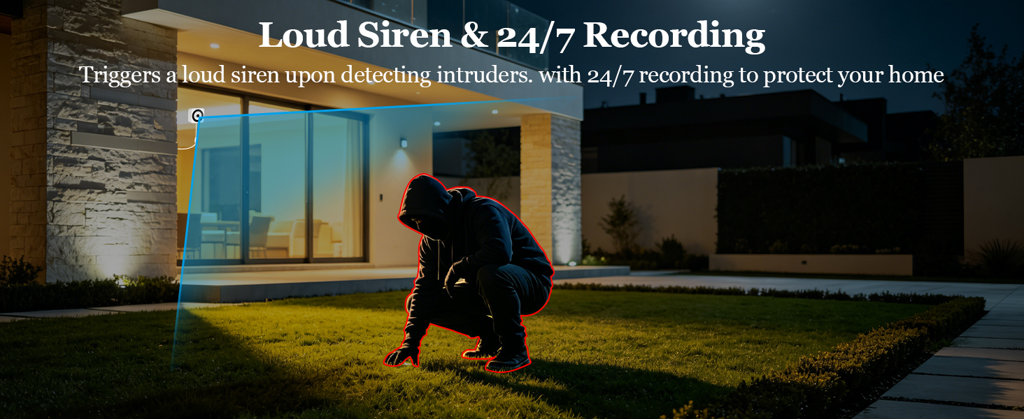 Text reads 'Loud Siren & 24/7 Recording'. Dark image showing person in outdoor setting with monitoring or security equipment visible.