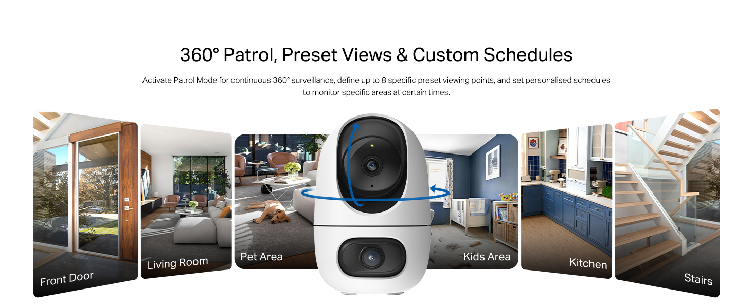 Text reads: '360° Privacy: Present Virtual & Location Solutions' Series of connected images showing different security or privacy scenarios in home settings.