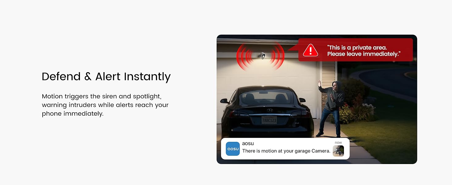 Text reads 'Defend & Alert Instantly' with additional text 'Defend & Alert Instantly. Comprehensive coverage and tracking for all your devices on your phone immediately.' Image shows dark vehicle with alert notification display.