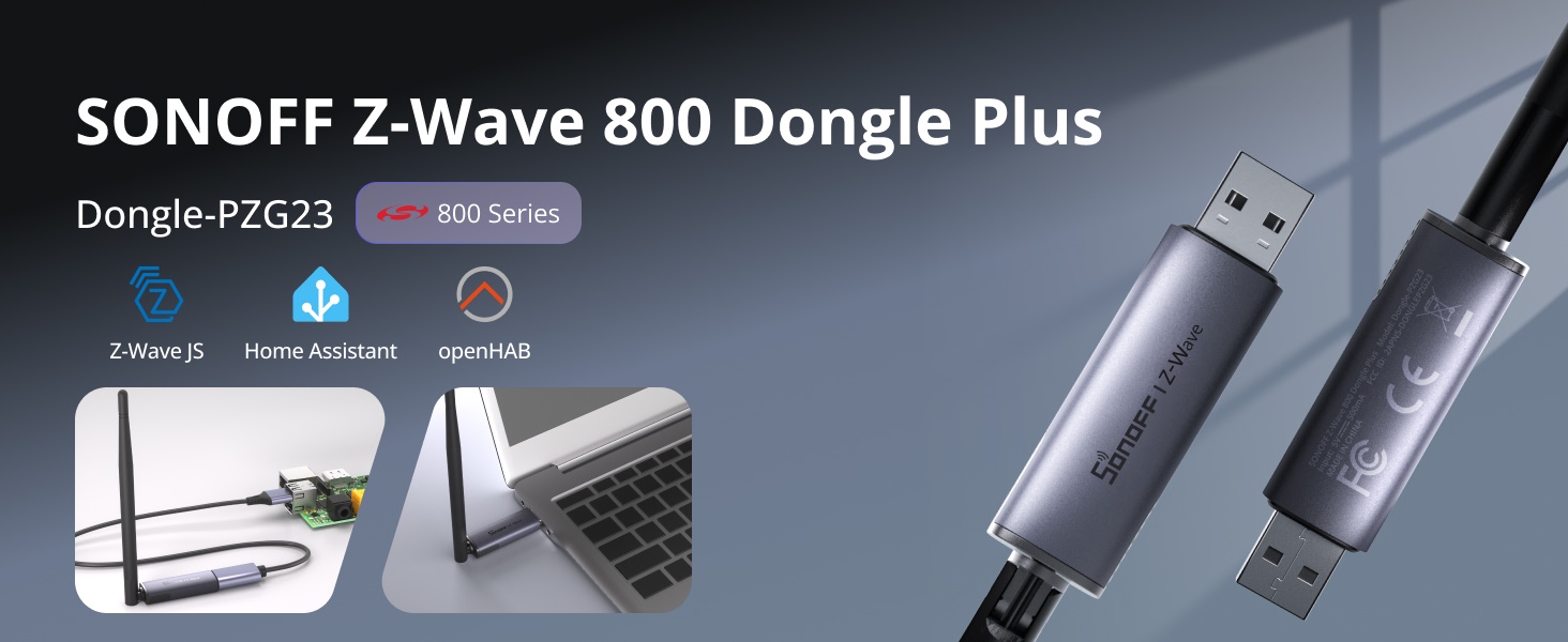 Text reads 'SONOFF Z-Wave 800 Dongle Plus'. Product installation sequence showing device being connected and mounted to electronic equipment.