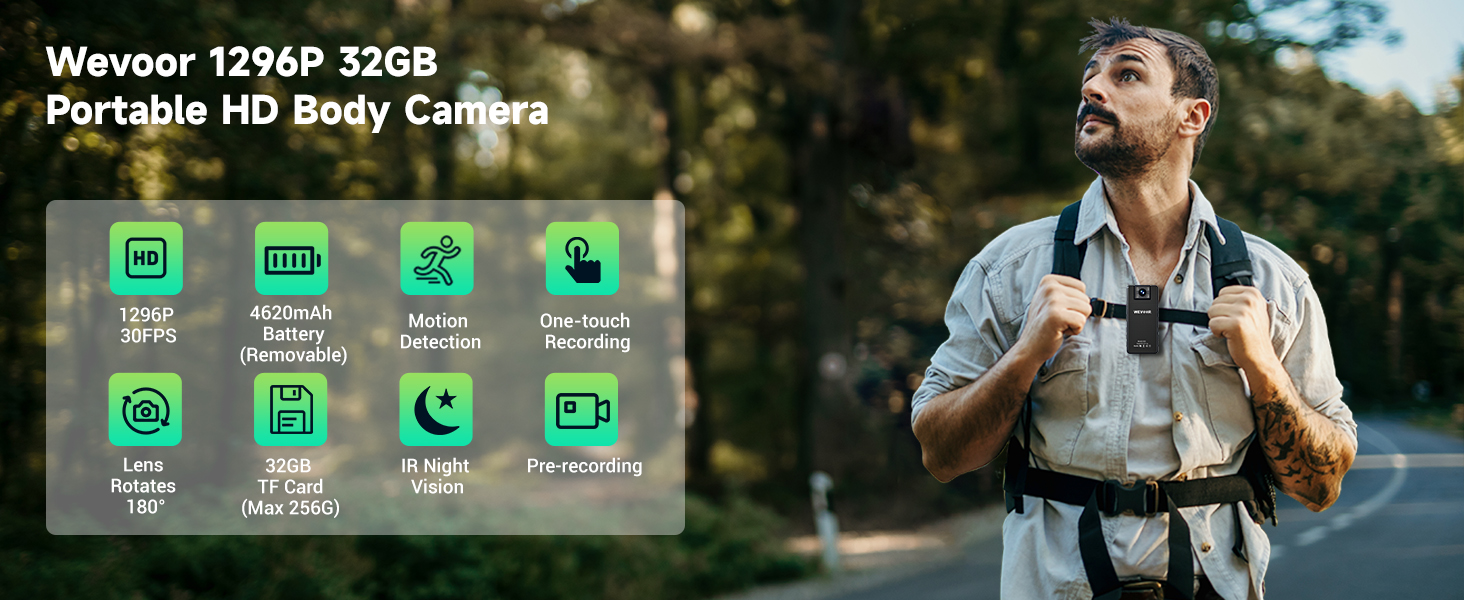 Text reads 'Weevoo 12960-320B Portable HD Body Camera'. Grid display showing app icons including photo, video, and recording functions. Man wearing camera equipment vest outdoors in natural lighting.