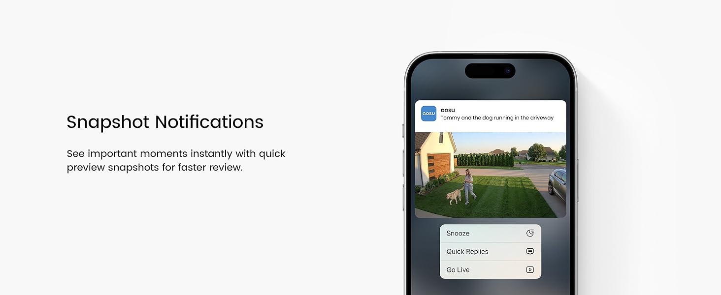 Text reads 'Snapshot Notifications'. Smartphone displaying notification interface with outdoor snapshot image, demonstrating push notification feature for instant photo alerts.