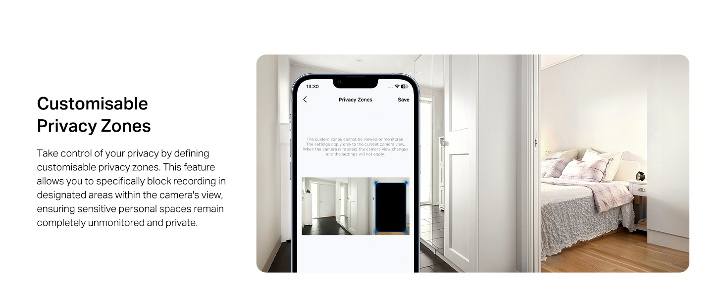 Text reads 'Image 3' and 'Customizable Privacy Zones'. Split image showing smartphone interface and bedroom interior, illustrating privacy zone customization feature.